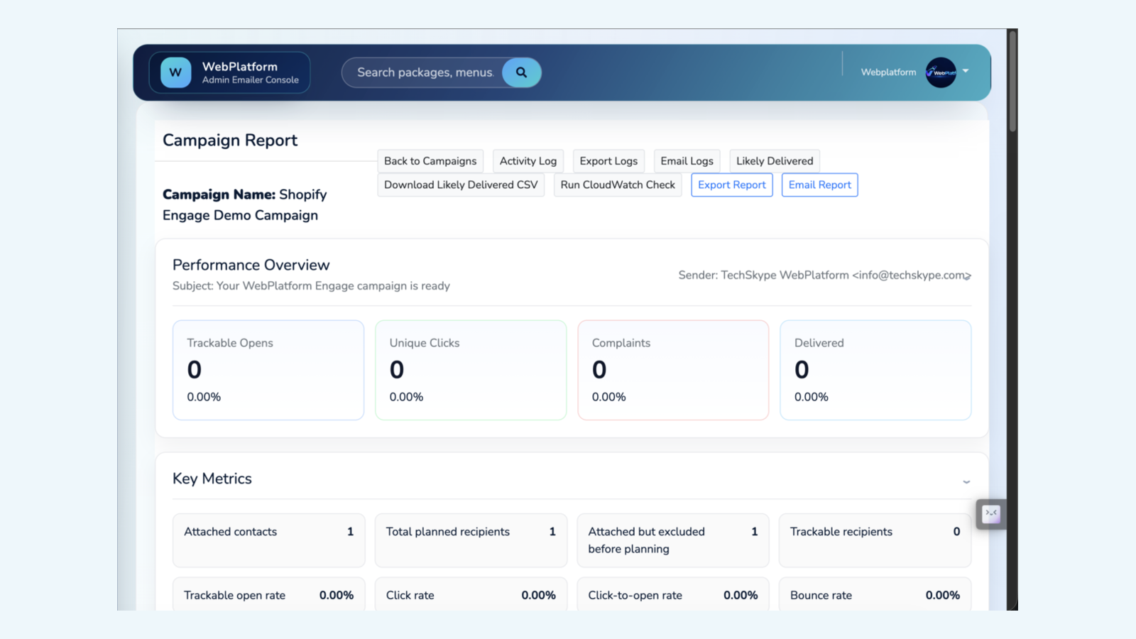 WebPlatform campaign report showing a demo campaign and its delivery and engagement metrics