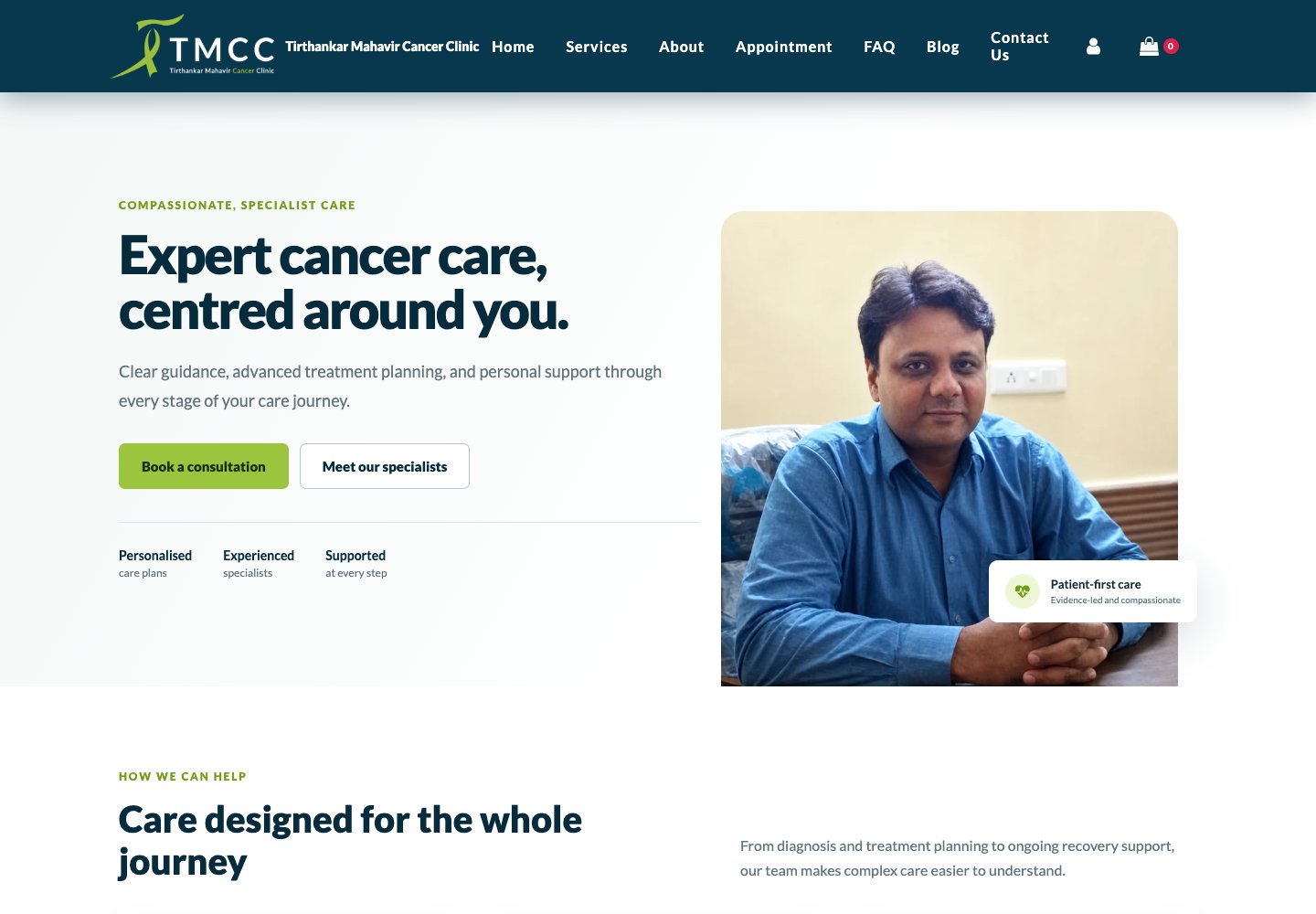 TMCC public website introducing specialist cancer care and a Book a consultation action