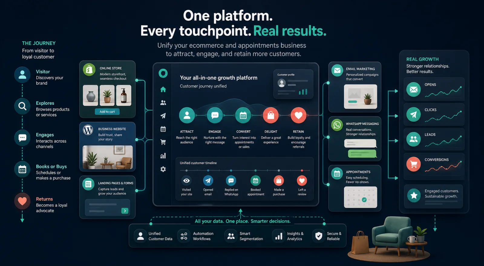 Customer journey connecting Shopify, WordPress, email, WhatsApp, appointments, leads, and conversions through WebPlatform